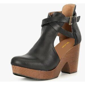 Black Womens Platform Round Toe Cutout Strap Buckles Cork Chunky Heel Ankle Boot